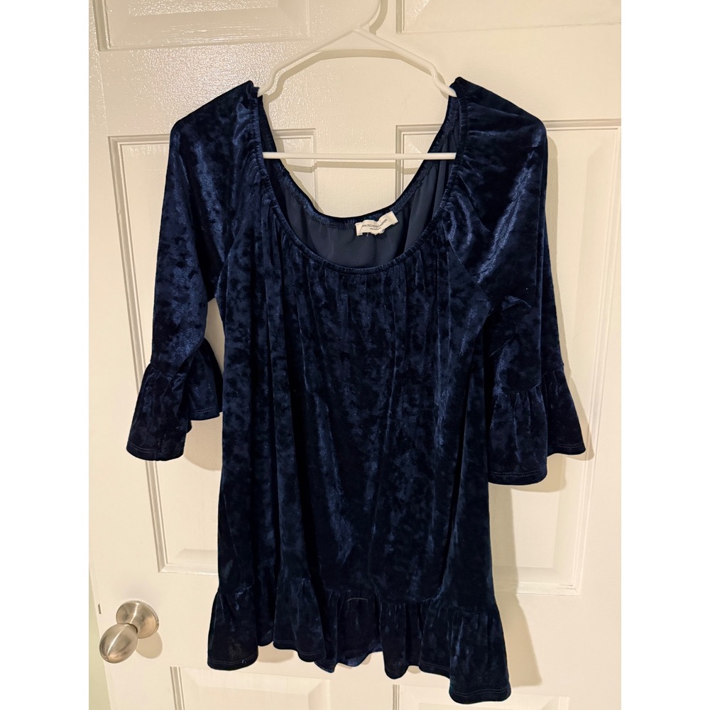 Beachlunchlounge Navy Blue Crushed Velvet Ruffle Sleeve Scoop Neck Top Medium
